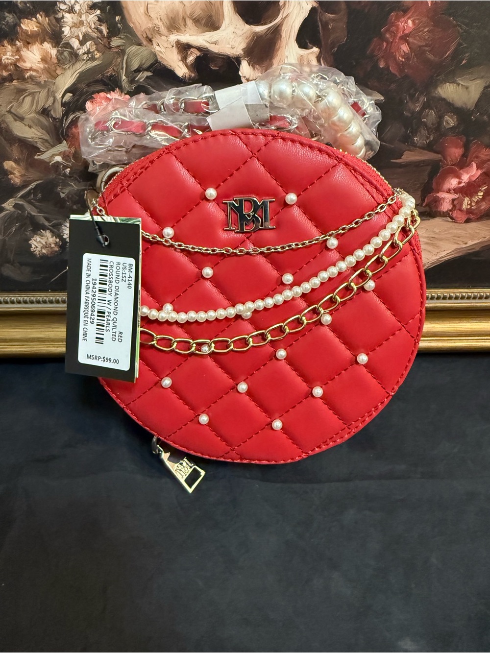 Badgley Mischka Red Quilted Vegan Leather Round Crossbody Bag